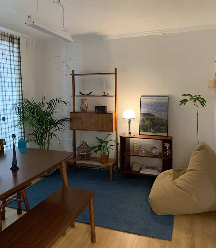 Natural toned dining room featuring wood furniture and a bean bag, creating a cozy space