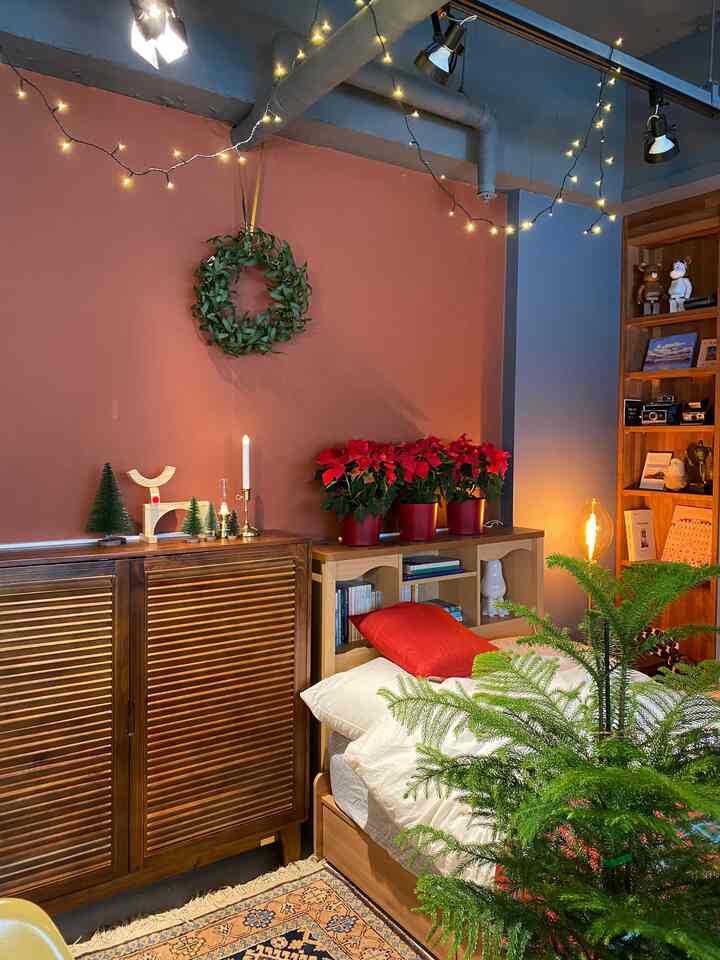 赤い壁と木目調家具が配置された寝室、アラウカリアの木とポインセチア、ストリングライトが調和した暖かいクリスマスの雰囲気のあるインテリア