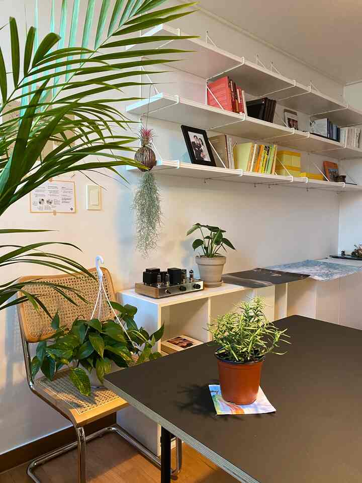 Natural color tone two-person home office space featuring plants and posters with a clean cafe-style interior
