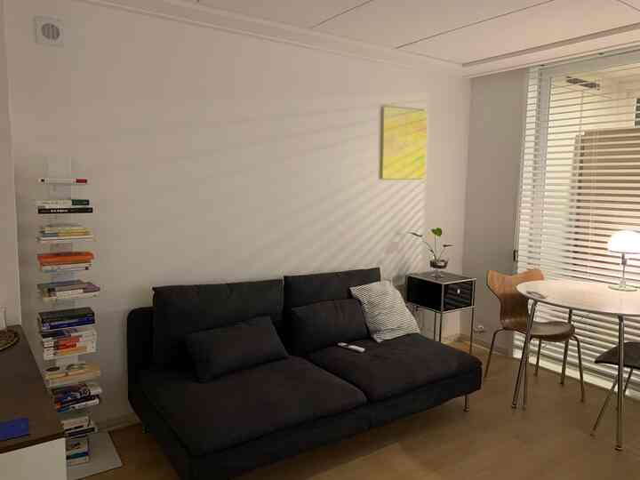 Living room with white walls, black sofa, and a round dining table in natural tones