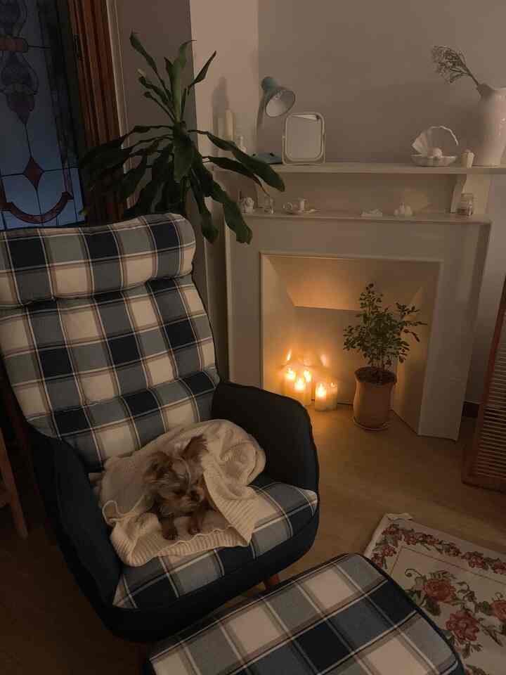 Cozy living room in warm beige and navy tones featuring a plaid armchair, fireplace with candles, plants, and soft lighting