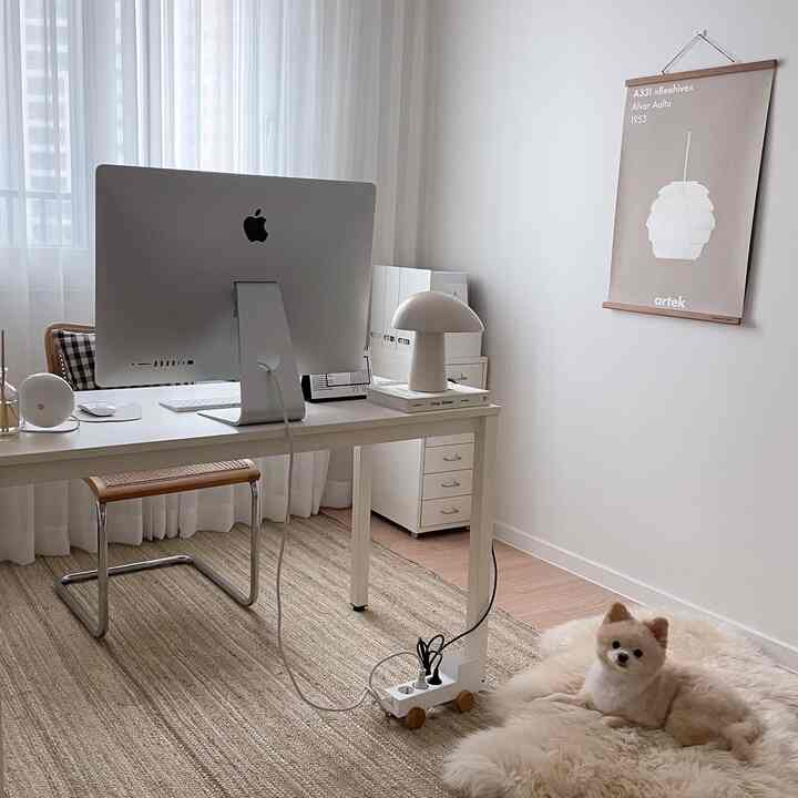 Natural color home office featuring a white desk with large monitor and beige rug where a small pet dog rests in a simple modern interior