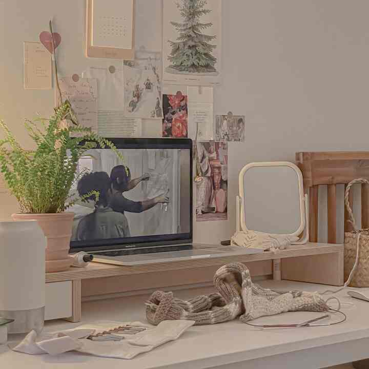 Natural tone home office desk space featuring a laptop on a monitor stand, potted plant, and mirror with a minimal atmosphere