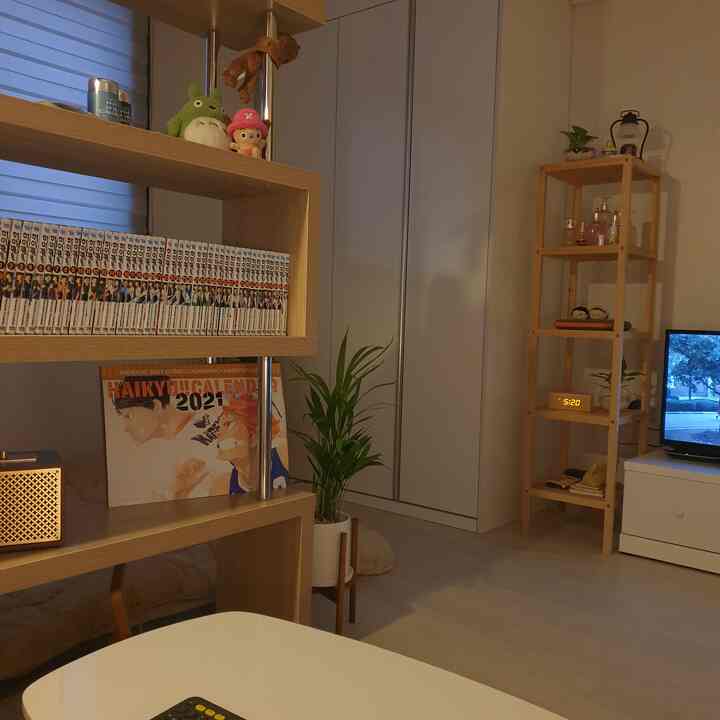 A cozy and simple studio living room dominated by white and wood tones, featuring a manga bookshelf and floor table