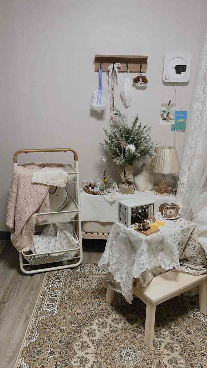 Beige and natural-tone small room featuring lace and vintage decor elements creating a cozy atmosphere