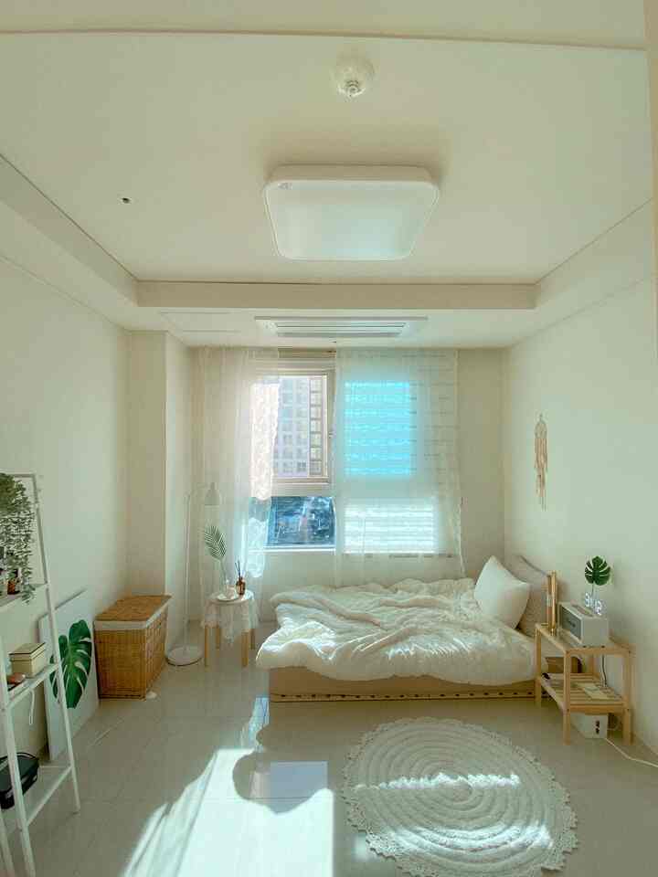 White and natural wood tone studio bedroom featuring bed, nightstand, and lace curtains with a cozy and clean atmosphere