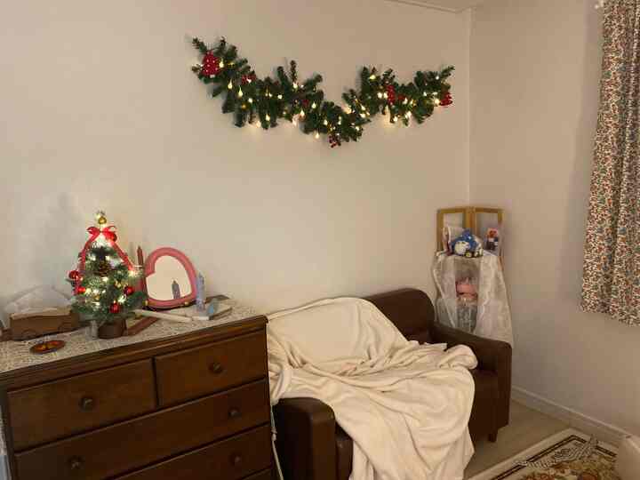 Ivory walls and brown sofa in a retro-styled living room for a single household featuring a long branch garland and Christmas mini tree