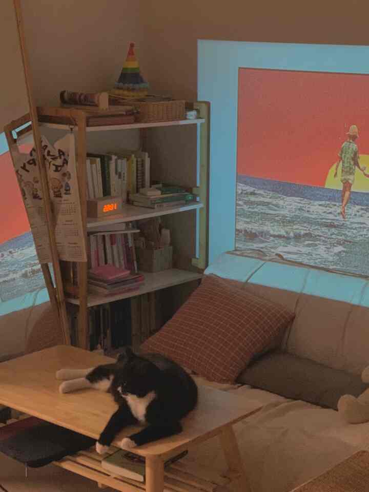 Beige sofa and wood-tone table in living room with a movie projected on the wall by a projector; a cat rests on the table creating a cozy atmosphere