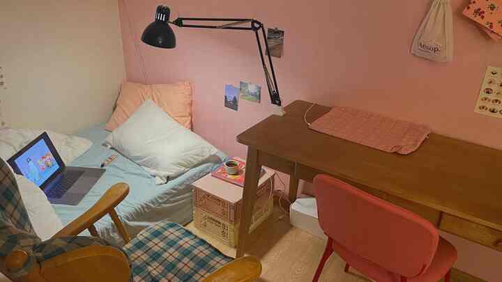 Cozy single bedroom with pastel pink walls, wooden desk, and bedding