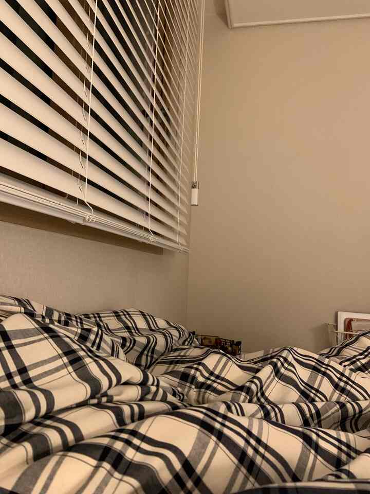 ネイビーチェックの寝具と白いブラインドが配置された落ち着いた雰囲気の寝室