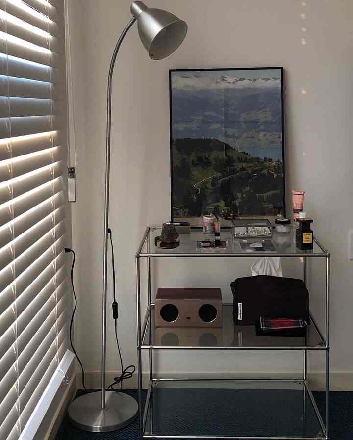 Navy rug and white walls featuring metal shelving and floor lamp in a minimal home office space