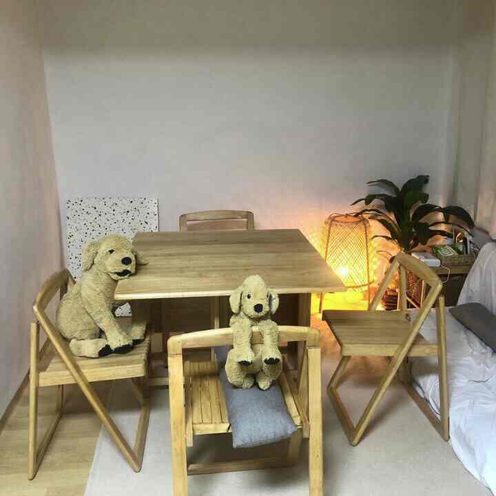 Natural tone small living room featuring a folding wooden dining table, sofa bed, and dog plush toys creating cozy atmosphere