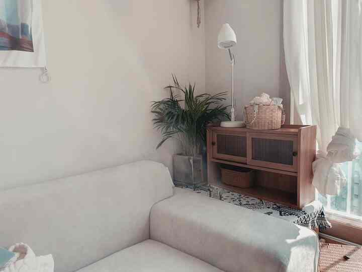 Bright white-toned living room featuring a gray sofa and wooden shelf, creating a natural atmosphere