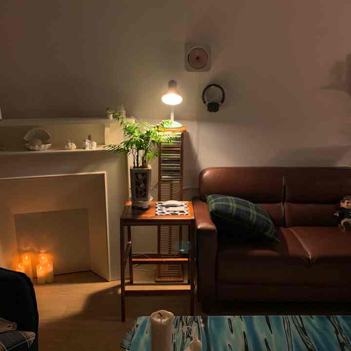 Cozy living room in warm brown and green tones featuring a fireplace, leather sofa, plants, and soft lighting in vintage mood