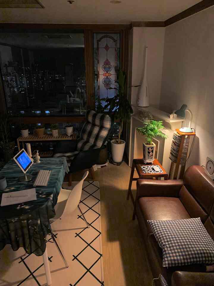 A cozy nighttime living room with warm lighting, wooden furniture, and green plants suited for two people