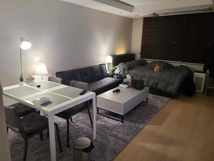 White and gray toned studio apartment living-bedroom featuring sofa bed, coffee table, and soft lighting in a simple setting