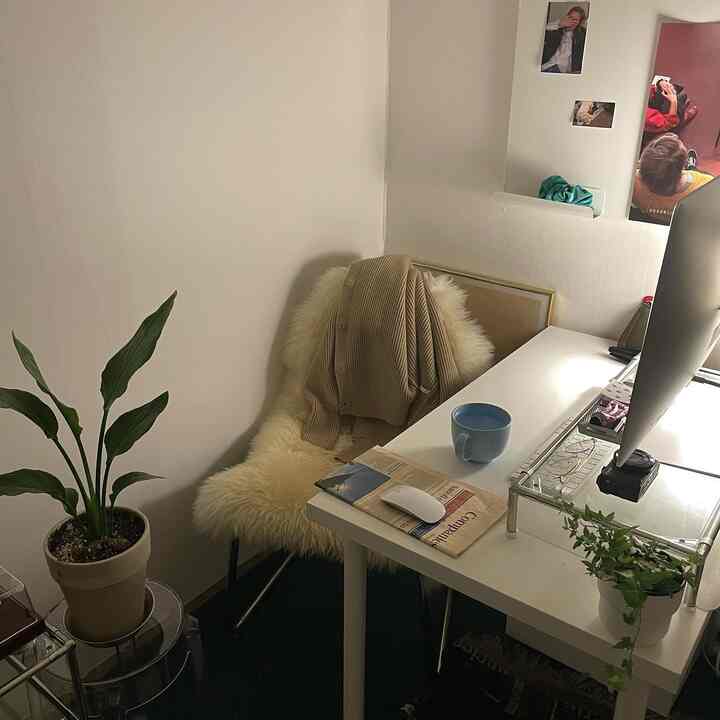 白とナチュラルカラーの一人暮らしホームオフィス、デスクと椅子、ラグ、植物が配置された雰囲気のあるインテリア