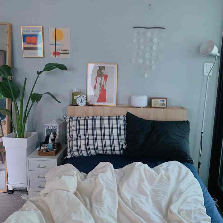 White and navy toned studio bedroom featuring bed with pillows, plant, and wall decor in a simple and natural setting