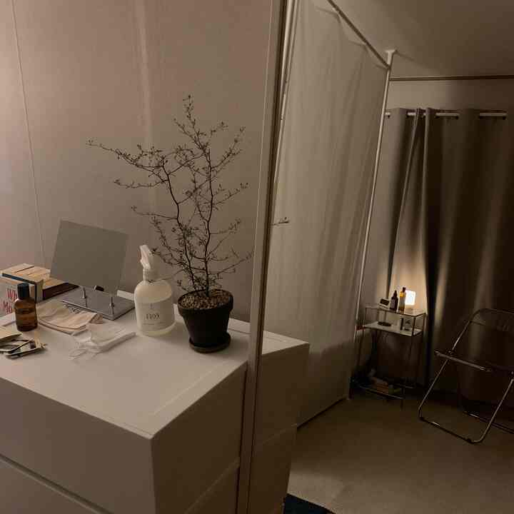 White-toned small room featuring a large mirror, chest of drawers, partition curtain, and plant in a modern interior