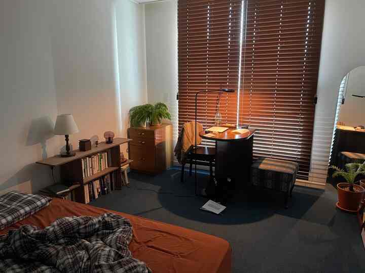 Natural-tone bedroom study for a single occupant featuring dark brown wood blinds, desk, and bed