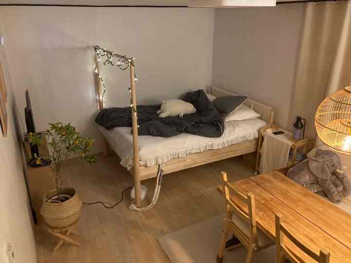 Beige and natural-tone studio bedroom featuring wooden bed, dining table, rattan basket, and elephant plush creating a cozy atmosphere