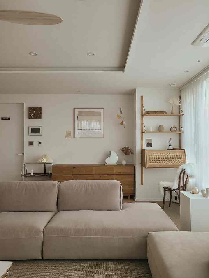 Natural brown and white toned living room featuring beige sofa, wooden shelves, and picture frame in a simple setting
