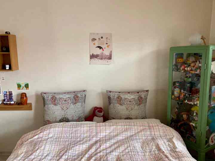 Natural-toned bedroom featuring a large central bed with cabinets and shelves on either side creating a cozy atmosphere