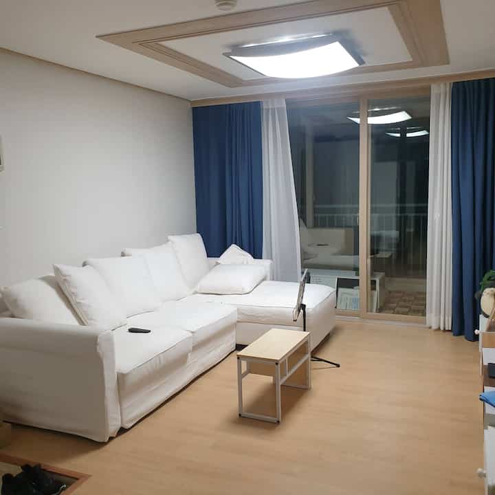 Living room featuring a white sofa bed and blue blackout curtains, complemented by natural wood flooring and bright ceiling lighting