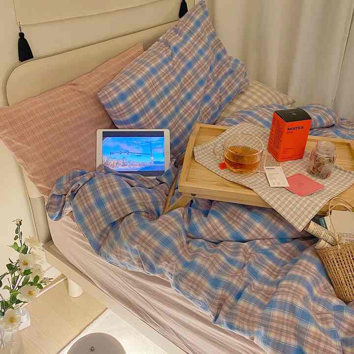 Pastel blue and beige toned bedroom featuring plaid bedding and wooden bed tray creating a warm atmosphere