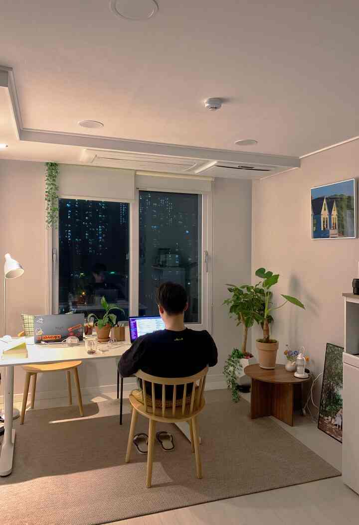 ベージュのラグと自然素材の家具、植物が配されたナチュラルスタイルの一人暮らし向けホームオフィス空間