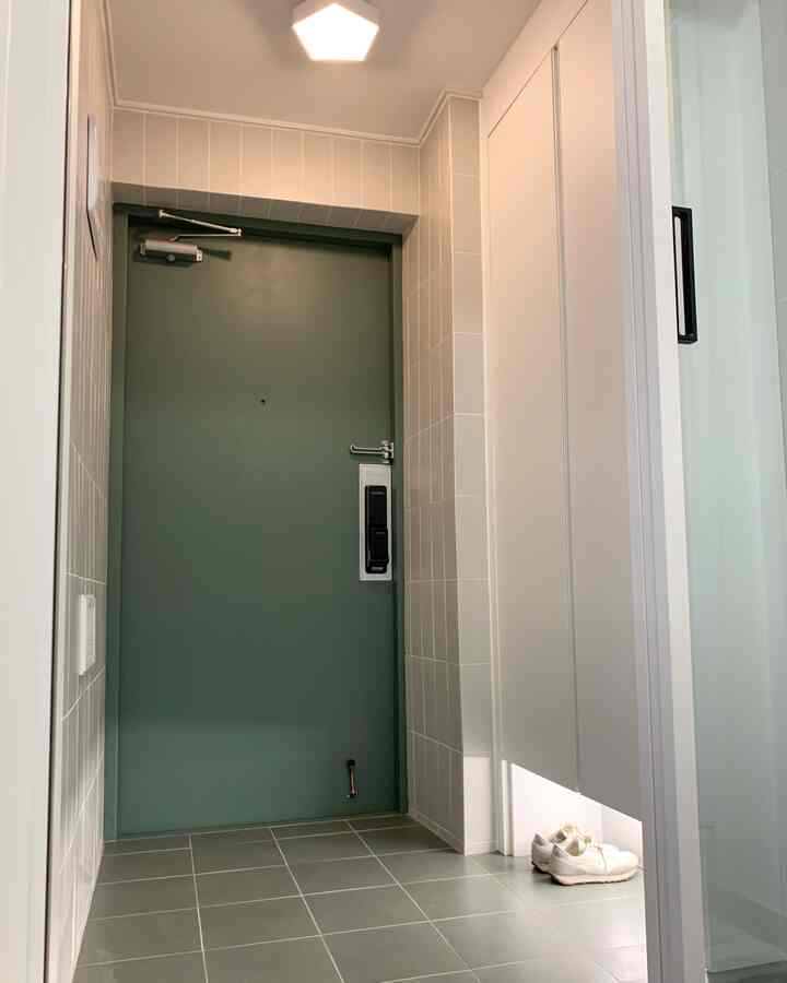 Natural color entrance featuring a green door and white shoe cabinet with a clean and calm atmosphere