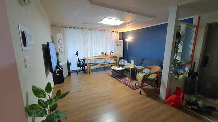 Natural modern living room with navy accent wall and white curtains, featuring sofa and wooden tables in cozy arrangement