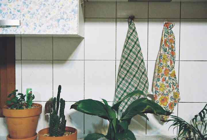 White tiled wall kitchen featuring patterned kitchen towels, terracotta plant pots, and greenery with a vintage atmosphere