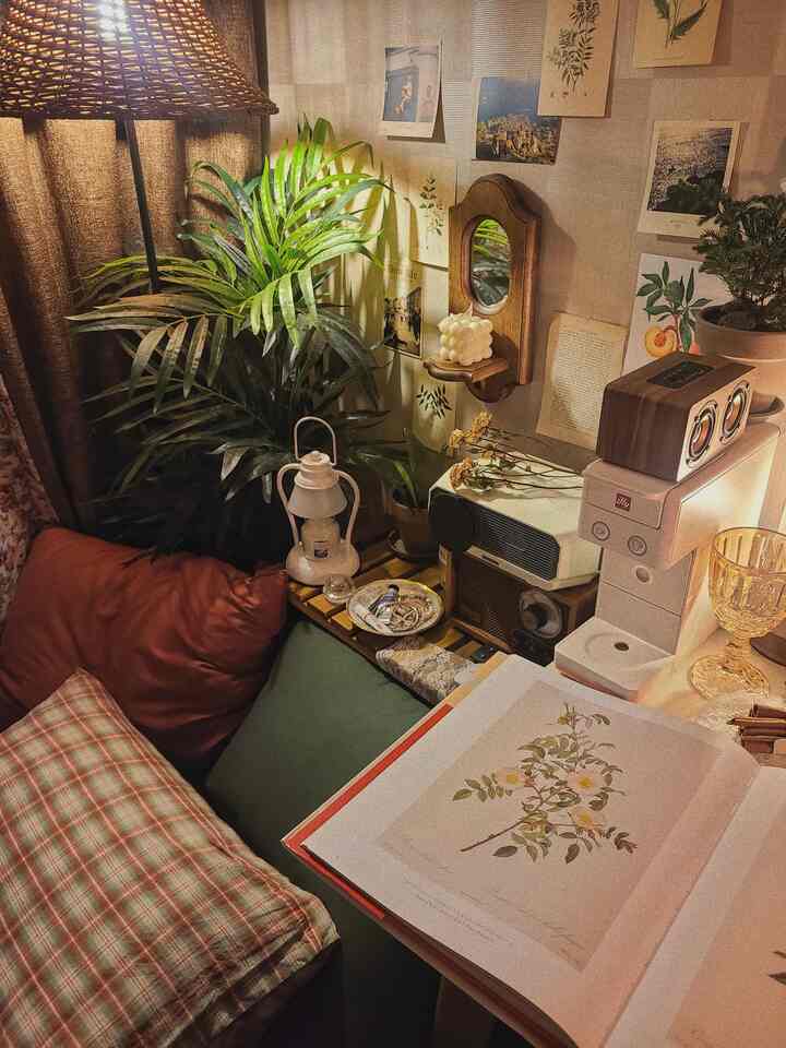Cozy small bedroom featuring warm wood tones and vintage decor, with prominent plants and home cafe elements enhancing the atmosphere