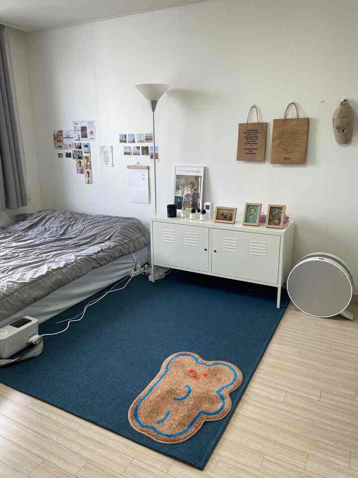 Modern bedroom for a single household featuring white walls and a blue rug, with minimal furnishings creating a sense of openness