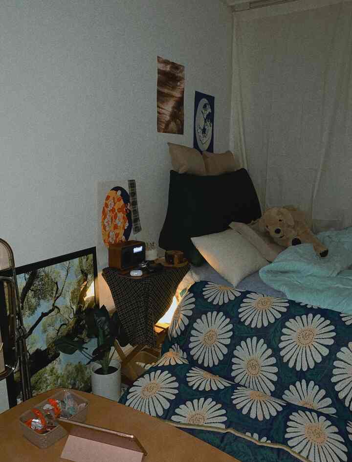 Natural-colored bedroom featuring a sofa bed with various bedding, cushions, and a plush dog toy, creating a cozy atmosphere