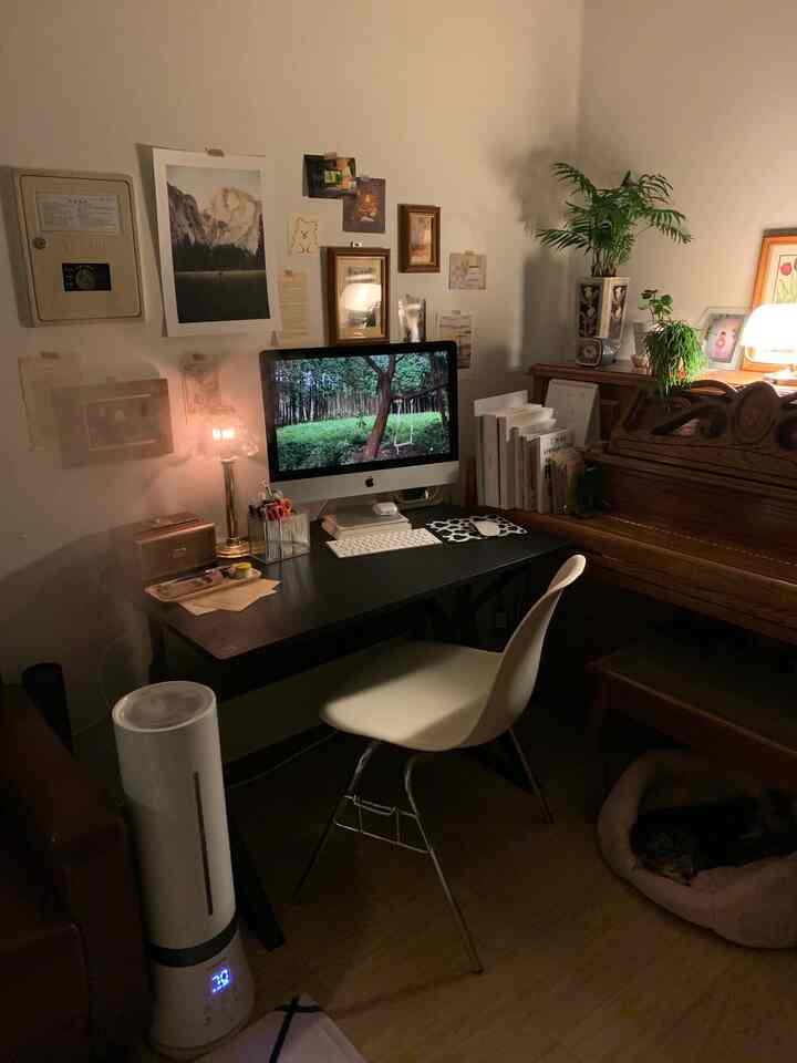 Natural wood-toned study home office featuring black desk, white chair, piano, humidifier, and plants creating a cozy atmosphere