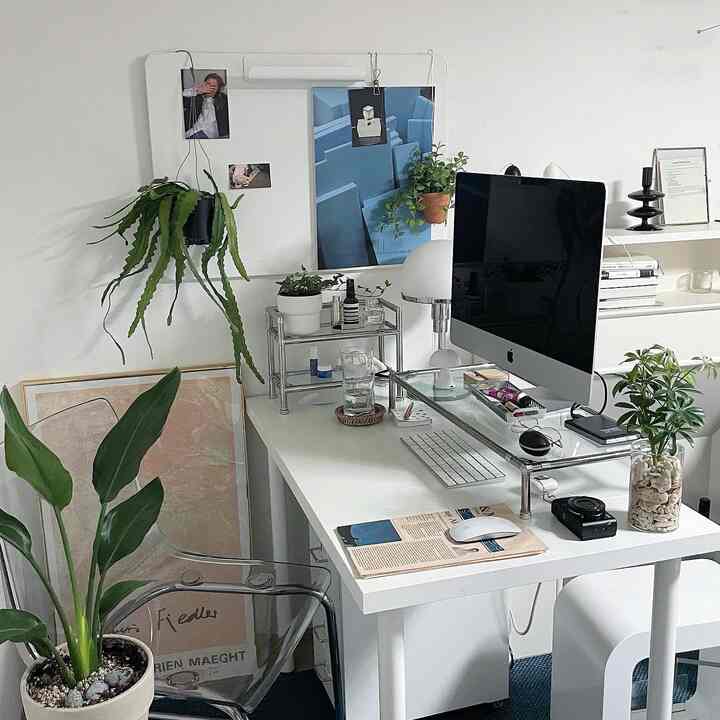 White-toned home office featuring a computer desk, transparent chair, various plants, and a wall mirror with clean decor