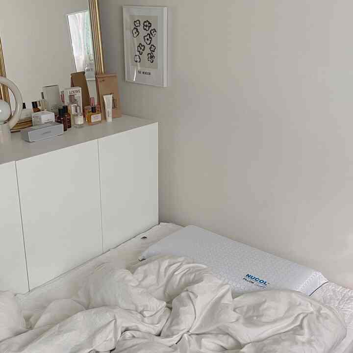 White and natural toned studio apartment bedroom featuring pillow and storage cabinet in a simple setting