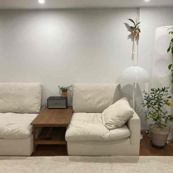White and wood tone living room featuring modular sofa and coffee table in a simple modern style