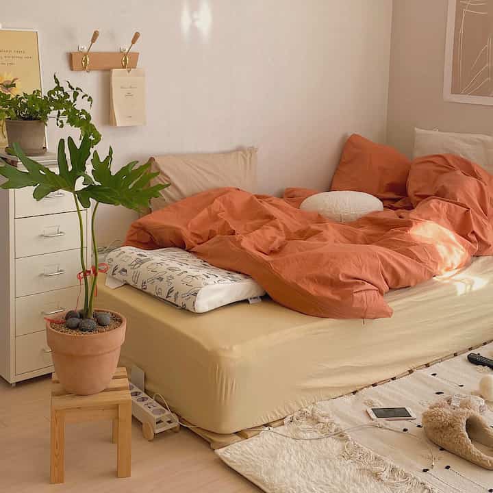 Natural beige and orange toned bedroom featuring a bed, potted plants, and chest of drawers creating a cozy atmosphere