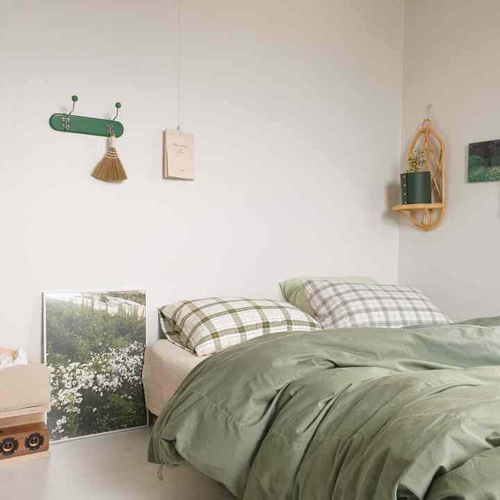 Bright, natural-tone bedroom featuring checkered pillows and green duvet with a cozy atmosphere