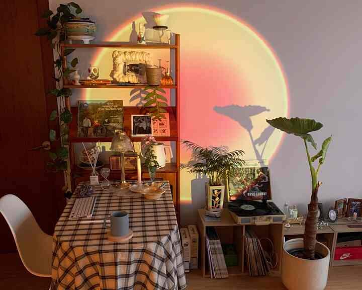 Warm beige and brown toned dining room featuring vintage shelves, dining table with candle and plants creating a cozy atmosphere