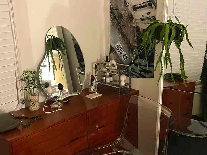 Wood-tone dresser with uniquely shaped full-length mirror, transparent chair, and plants in a cozy walk-in closet space