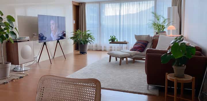 White and brown toned living room featuring large sofas, rug, and plants with a cozy natural atmosphere