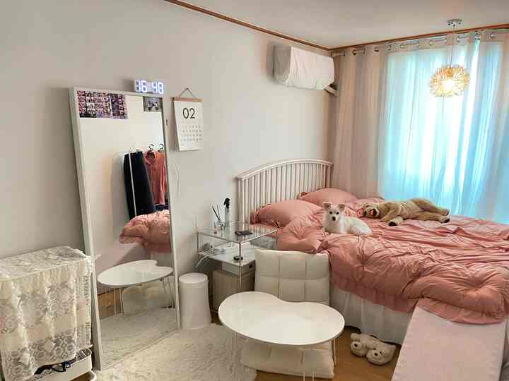 A white and pink toned bedroom featuring a large bed with a dog, transparent drawer unit, and curtains creating a cozy atmosphere