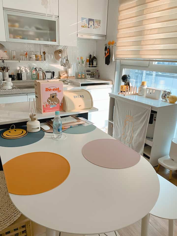 白を基調としたワンルームのキッチンとダイニング、カラフルな丸いランチョンマットがアクセントの猫と暮らす雰囲気のあるインテリア