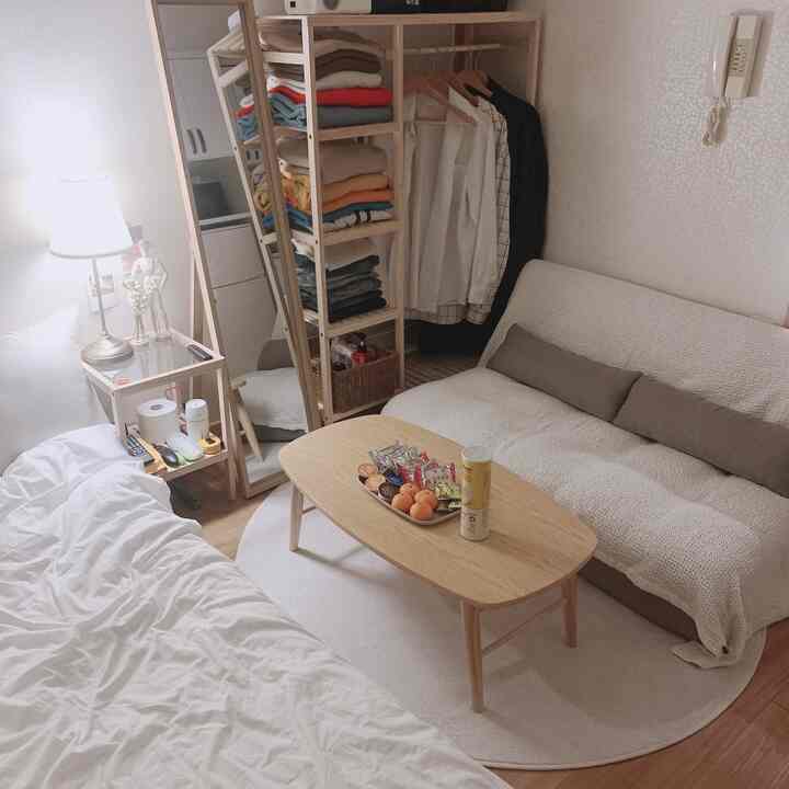 White and beige toned studio apartment featuring wood furniture, sofa, and bed in a cozy natural atmosphere for a single occupant