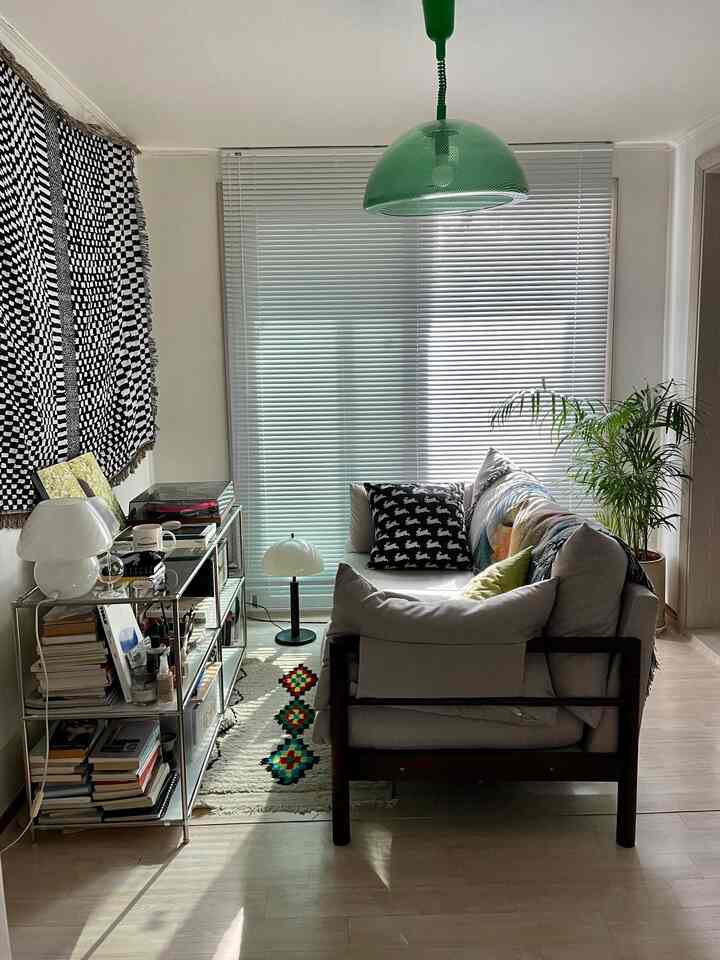 Bright gray sofa and metal shelving in a compact, modern living room for single household, featuring blinds and greenery creating a natural ambiance