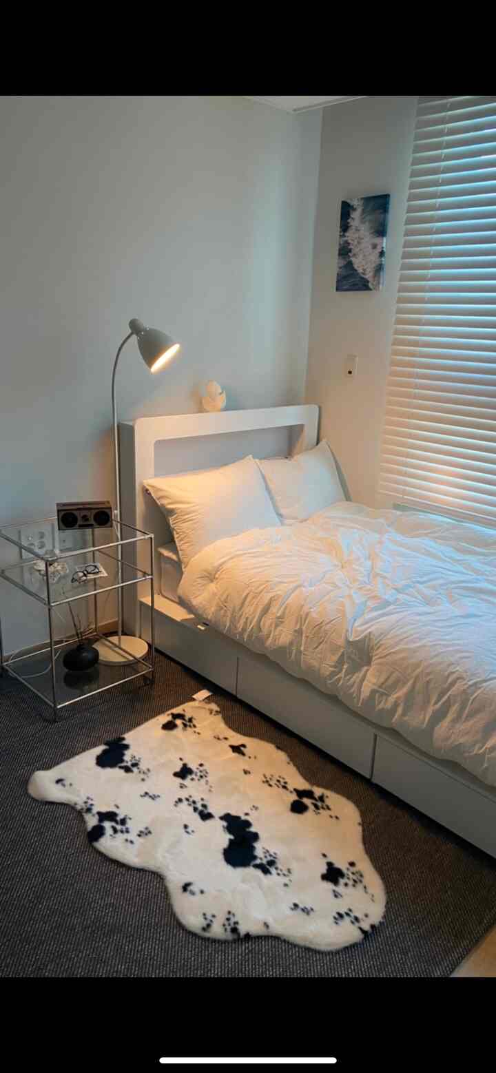 ホワイトとグレーの落ち着いた色調の寝室、シングルベッドとブラインド、斑点模様のラグが配置された印象的なインテリア